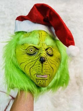 Grinch-Inspired Furry Green Holiday Mask with Red Santa Hat